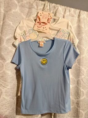 3-Pack Girls' Short Sleeve Tees - Light Blue Smile, White, Pastel Print